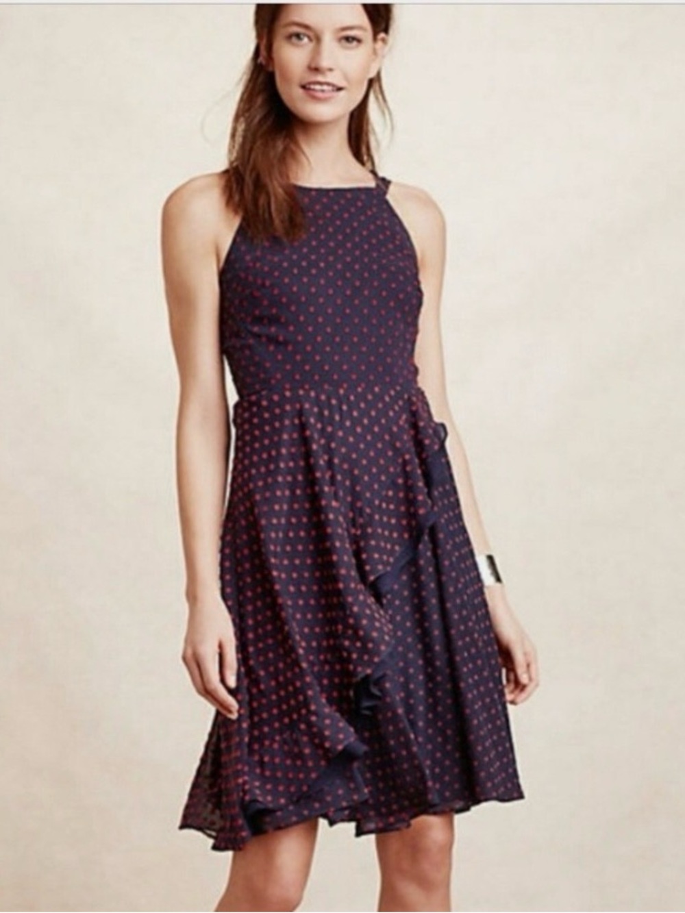 Eva Franco- Navy Polka Dot Halter Neck Dress - Size 8